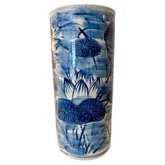 Vintage Blue & White Chinese Umbrella Holder, Water Lily & Lotus Motif