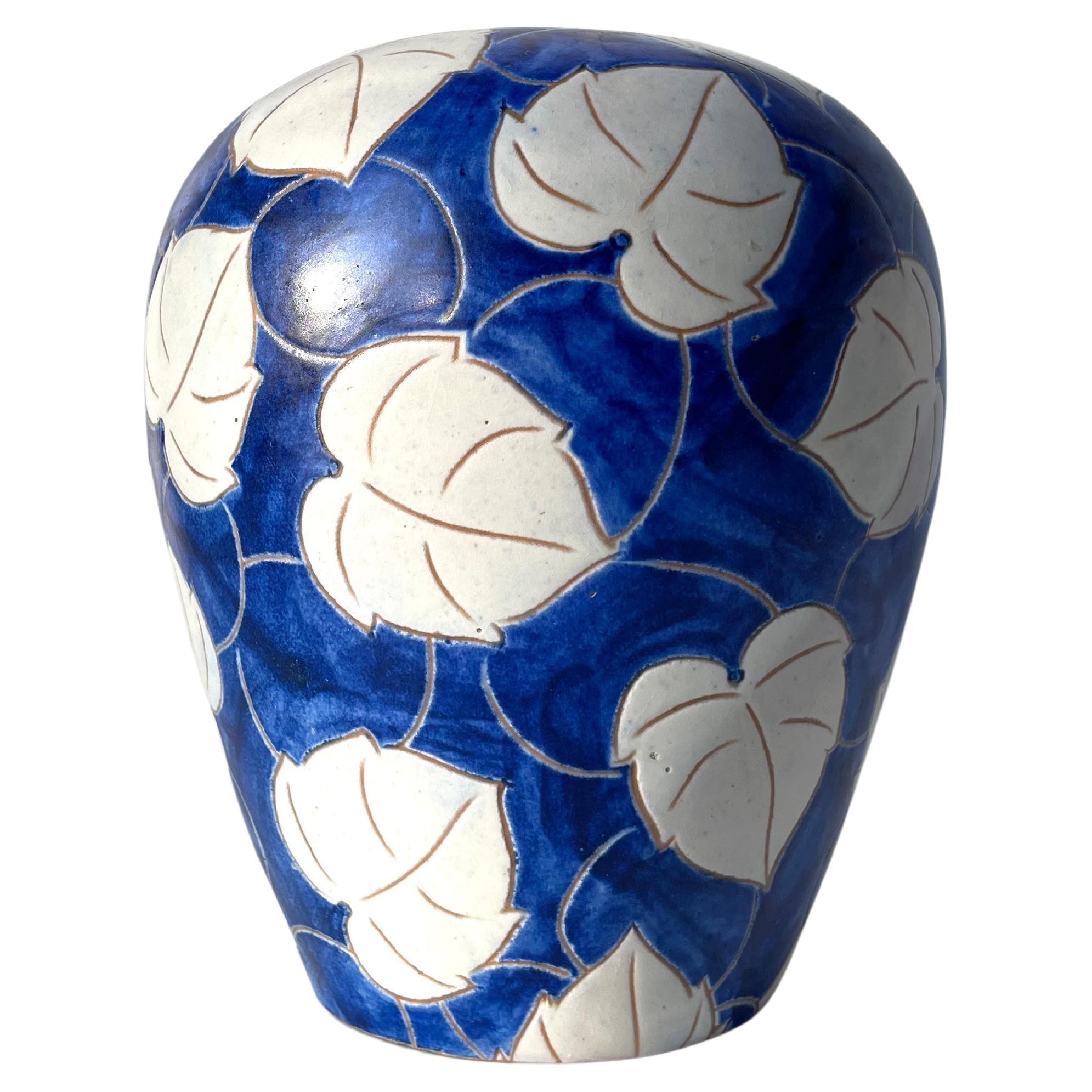 Danish Eslau Blue, White Floral Vase, 1950s