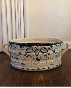 Vintage Blue and White Hand Painted Foot Bath, Birds and Leaves