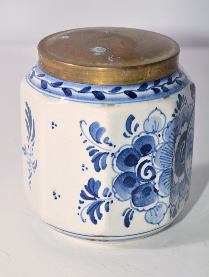 Dutch Vintage Blue and White Octagonal Canister with Brass Lid