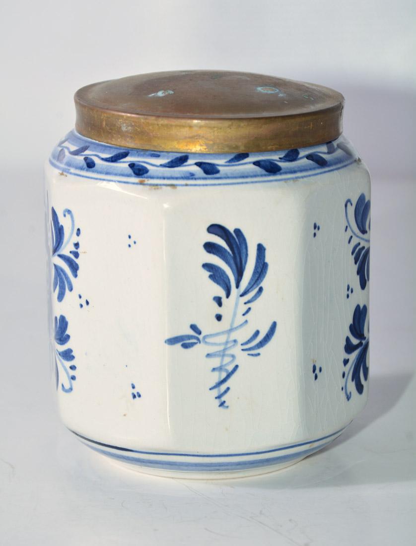 Hand-Painted Vintage Blue and White Octagonal Canister with Brass Lid