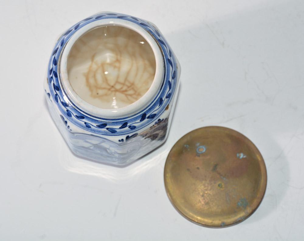 Vintage Blue and White Octagonal Canister with Brass Lid In Good Condition In Sheffield, MA