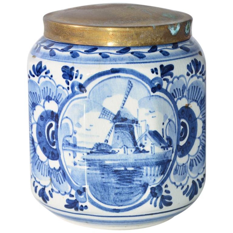 Vintage Blue And White Octagonal Canister With Brass Lid For Sale