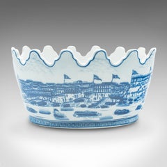 Vintage Blue & White Oval Planter, Chinese, Ceramic, Decorative Jardiniere Pot