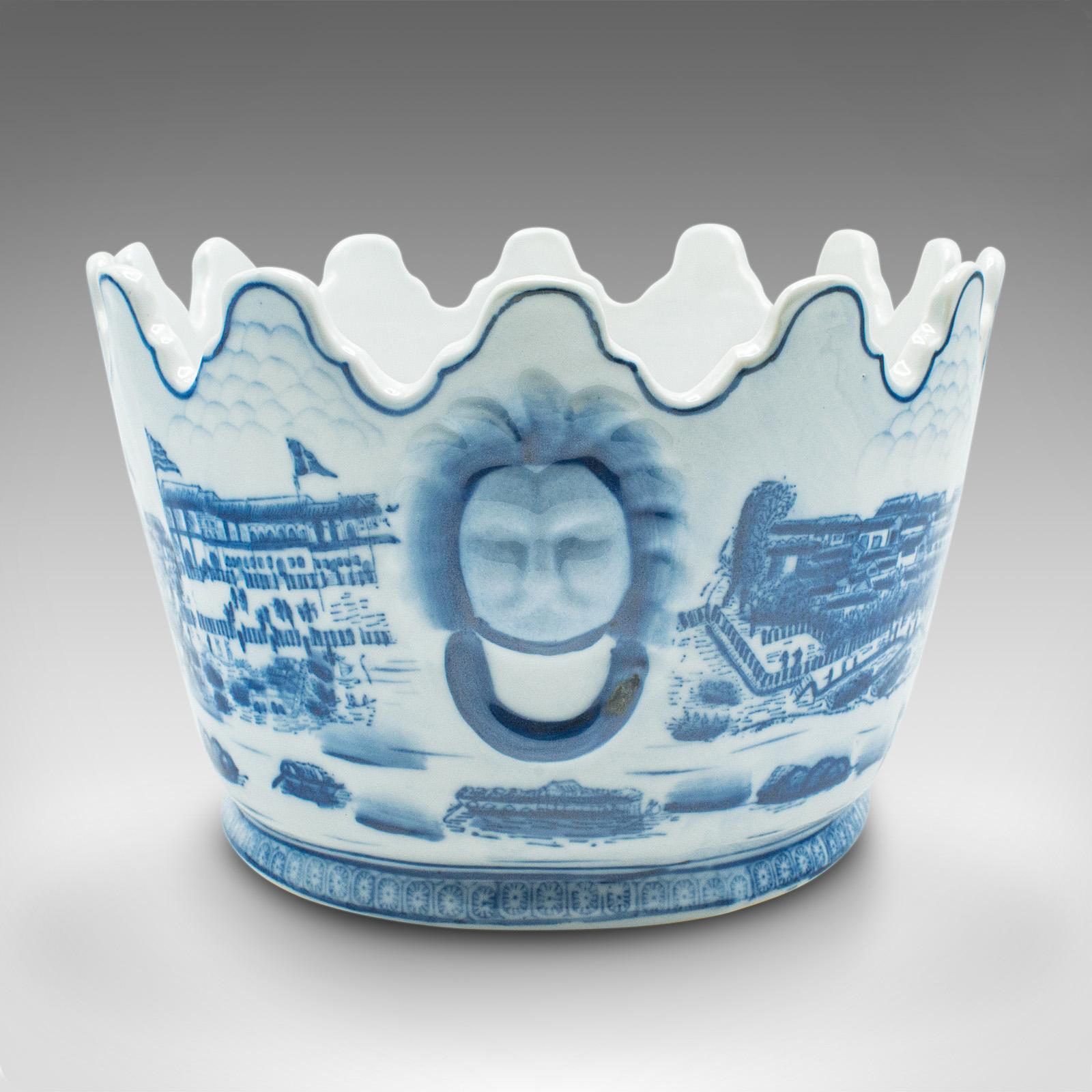 Late 20th Century Vintage Blue & White Oval Planter, Chinese, Ceramic, Decorative Jardiniere Pot For Sale
