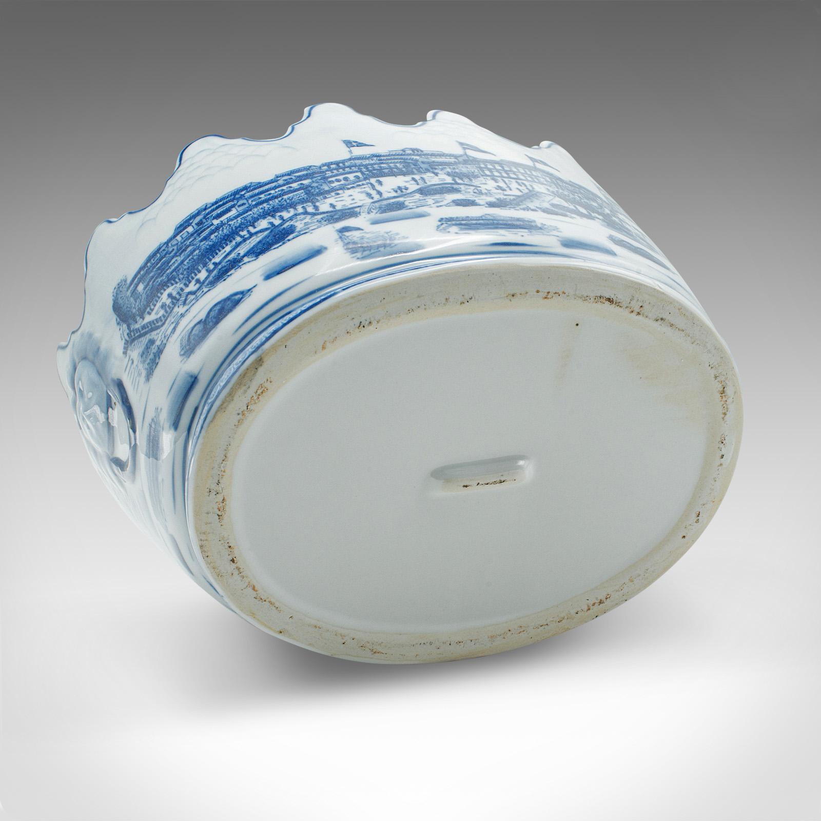 Vintage Blue & White Oval Planter, Chinese, Ceramic, Decorative Jardiniere Pot For Sale 2