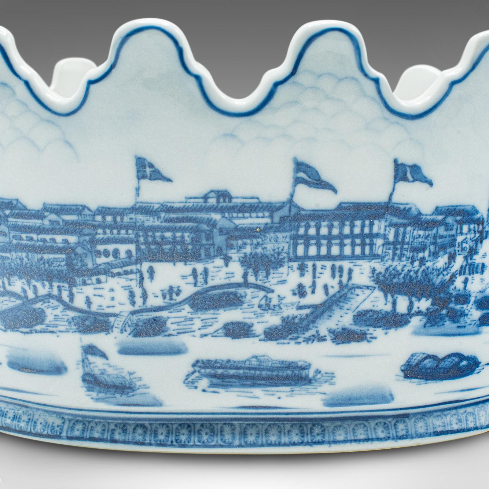 Vintage Blue & White Oval Planter, Chinese, Ceramic, Decorative Jardiniere Pot For Sale 3