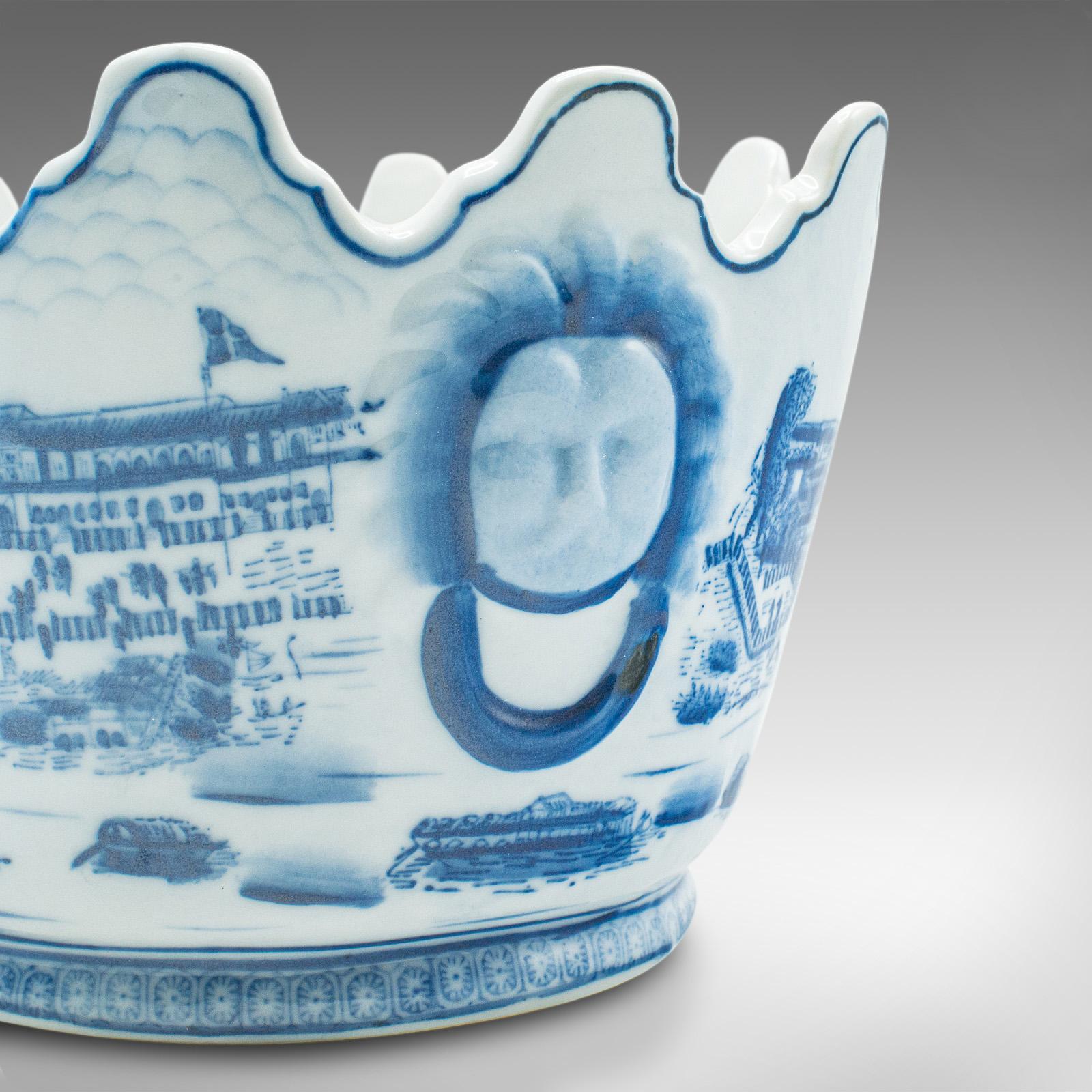 Vintage Blue & White Oval Planter, Chinese, Ceramic, Decorative Jardiniere Pot For Sale 4