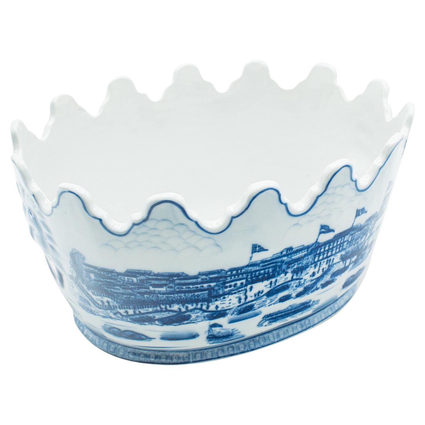 Vintage Blue & White Oval Planter, Chinese, Ceramic, Decorative Jardiniere Pot