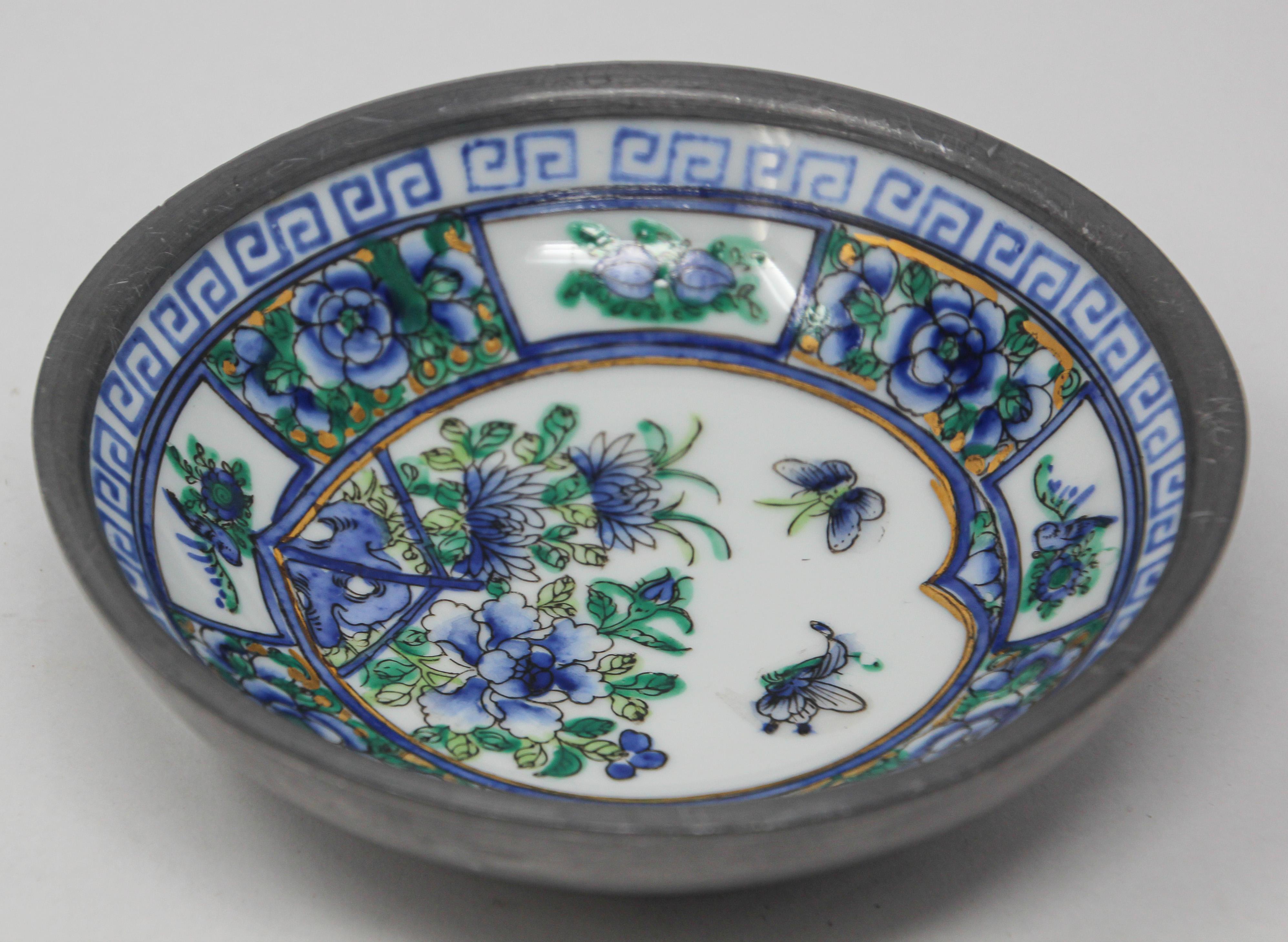 Vintage Blue and White Porcelain Bowl, Catchall Encased in Pewter 2