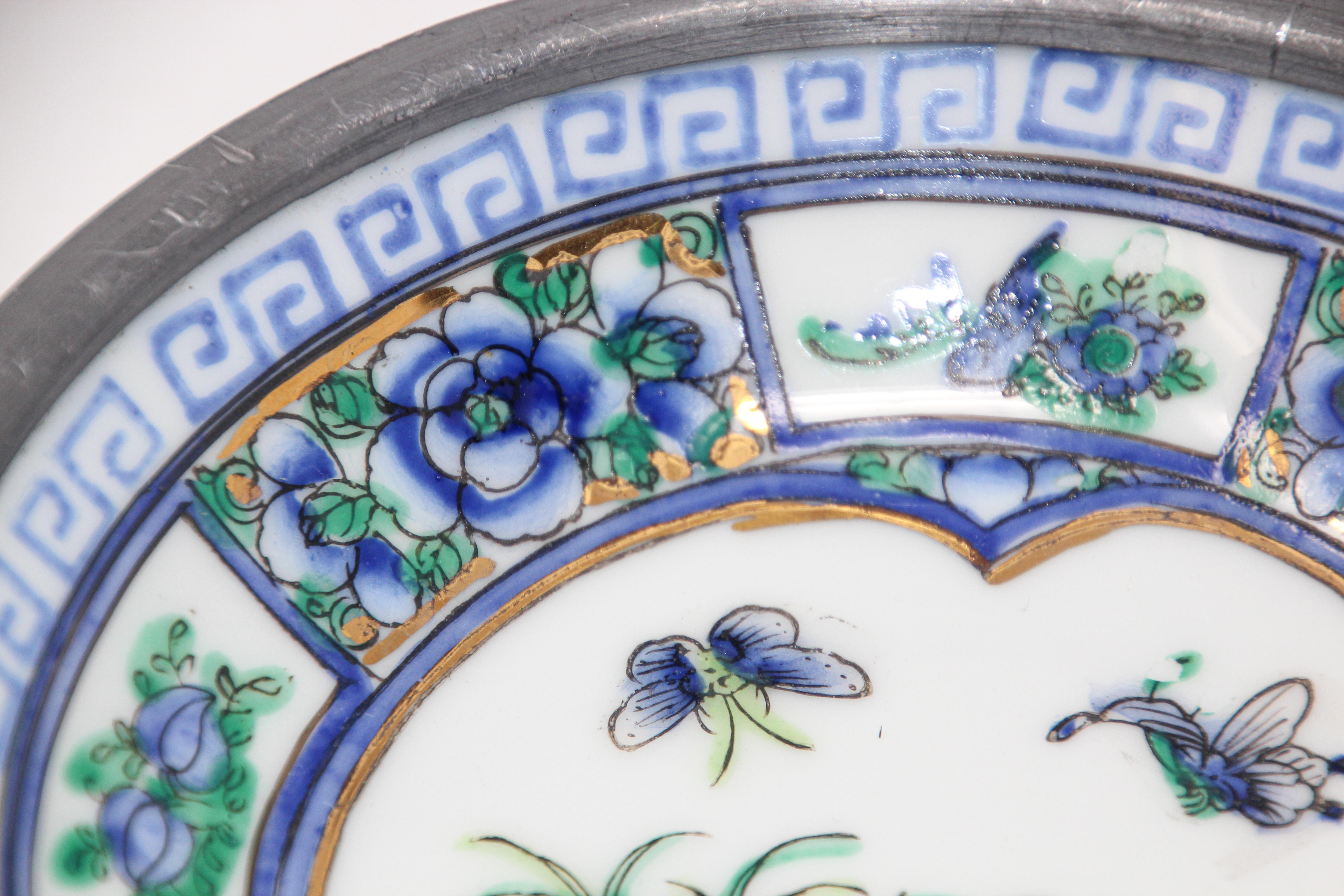 Vintage Blue and White Porcelain Bowl, Catchall Encased in Pewter 3
