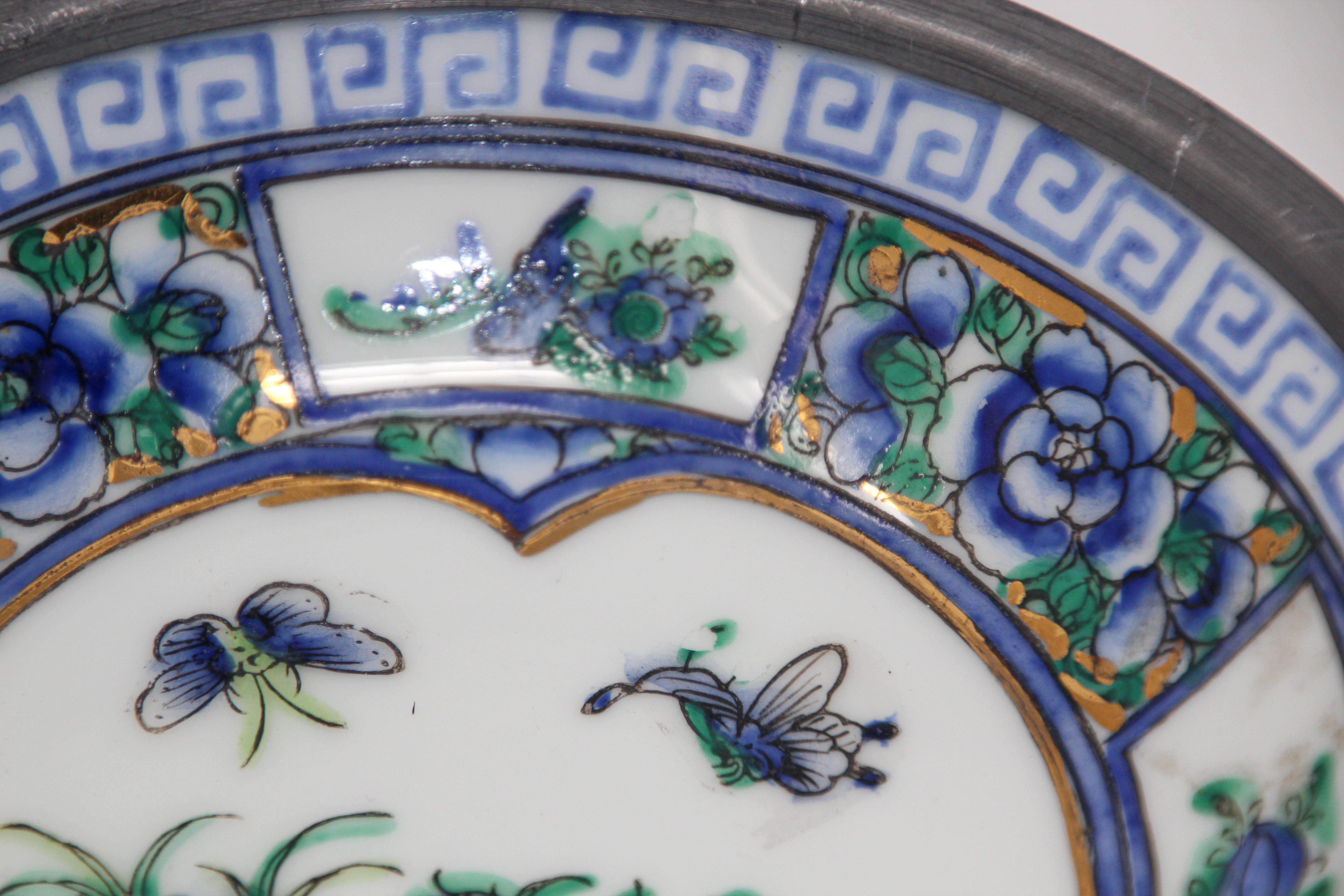 Vintage Blue and White Porcelain Bowl, Catchall Encased in Pewter 5