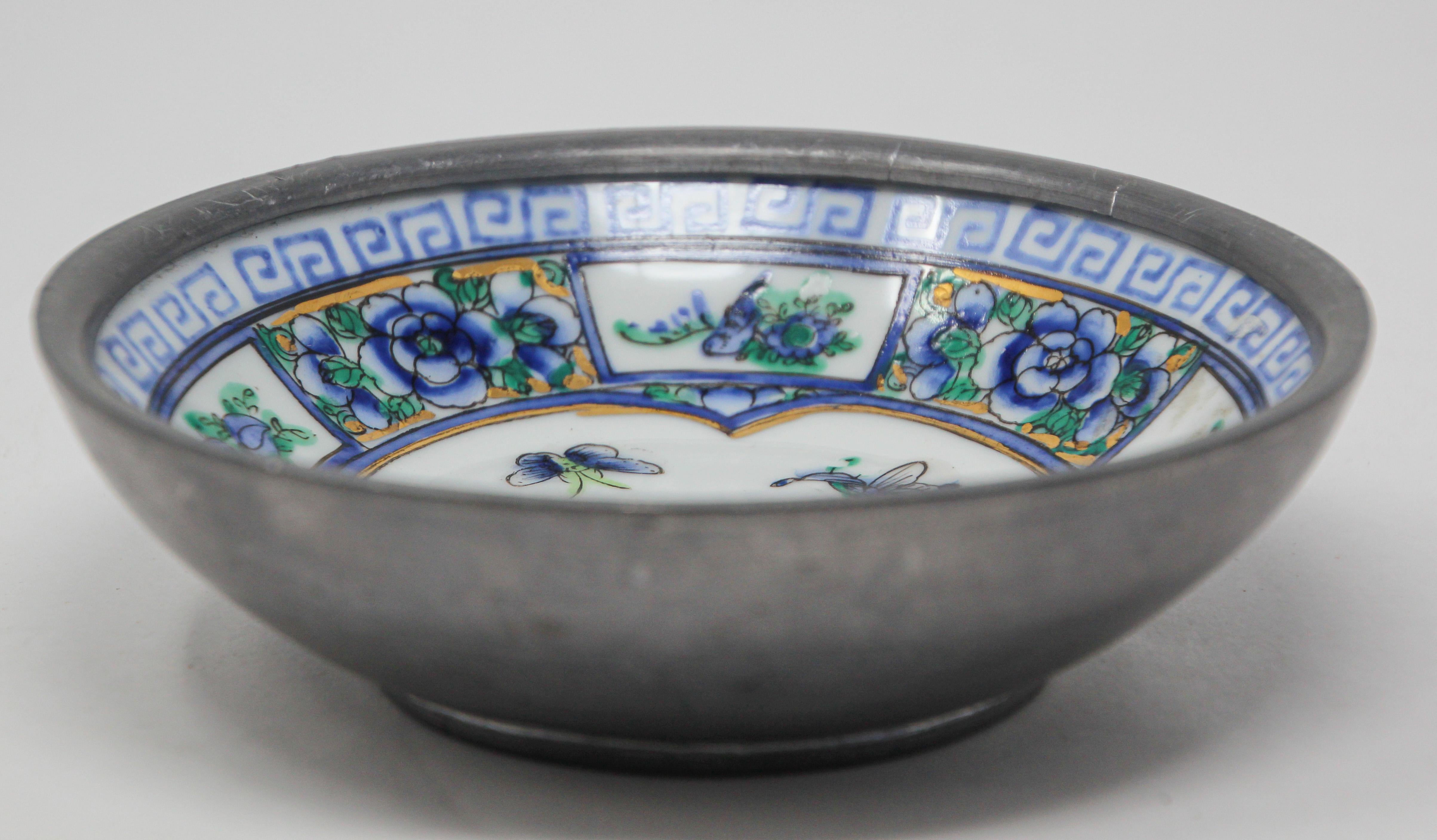 Chinese Export Vintage Blue and White Porcelain Bowl, Catchall Encased in Pewter
