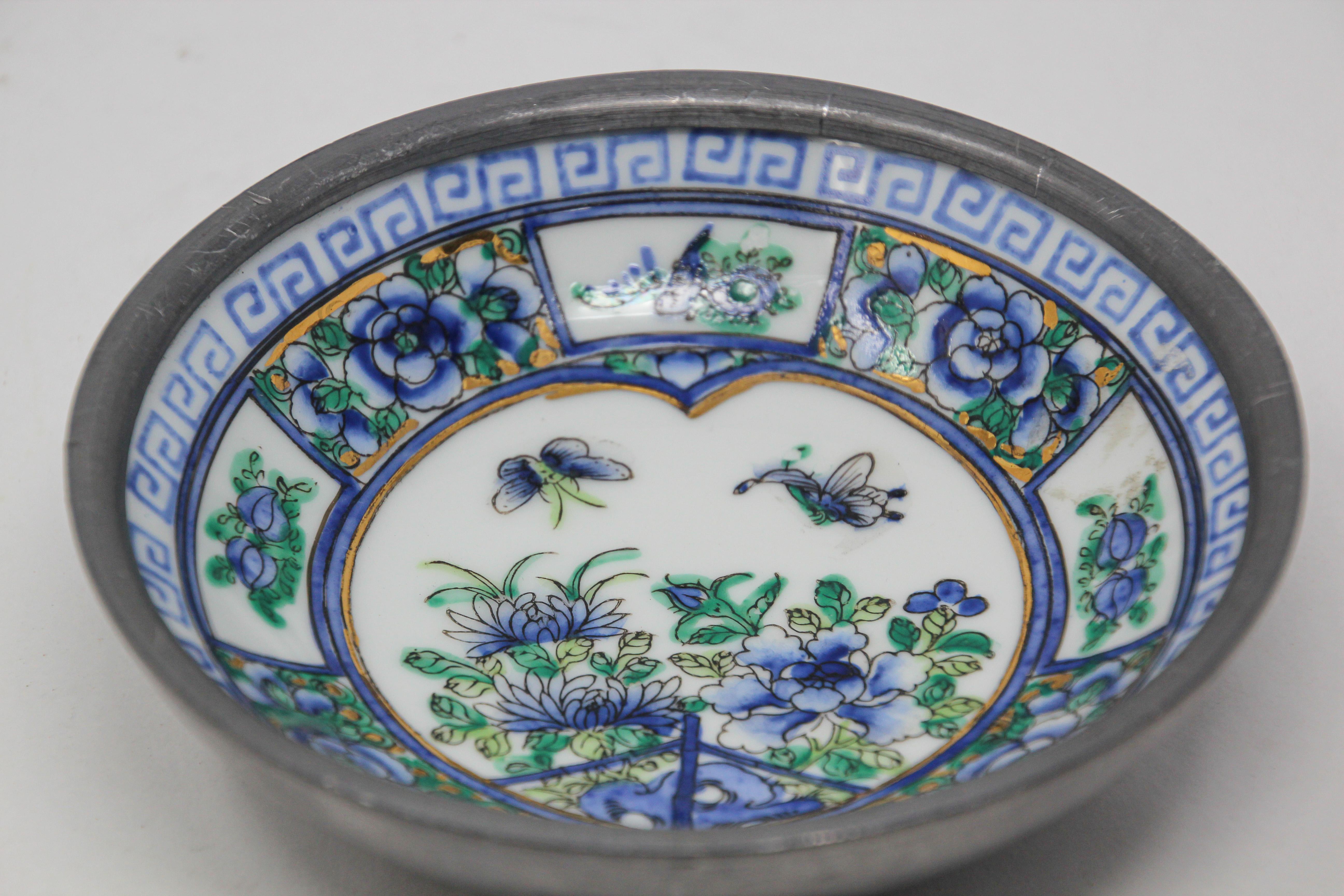 Hong Kong Vintage Blue and White Porcelain Bowl, Catchall Encased in Pewter