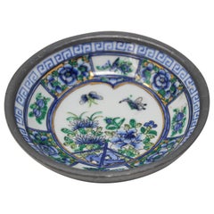 Vintage Blue and White Porcelain Bowl, Catchall Encased in Pewter