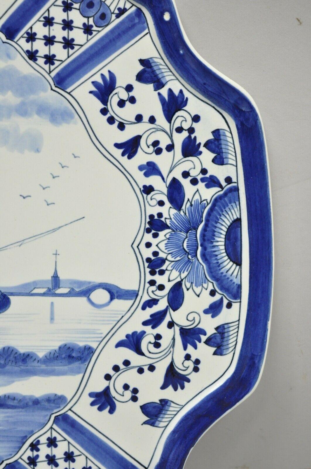 Vintage Blue White Porcelain Delf Style Italian Fisherman Wall Art Charger Plate In Good Condition For Sale In Philadelphia, PA