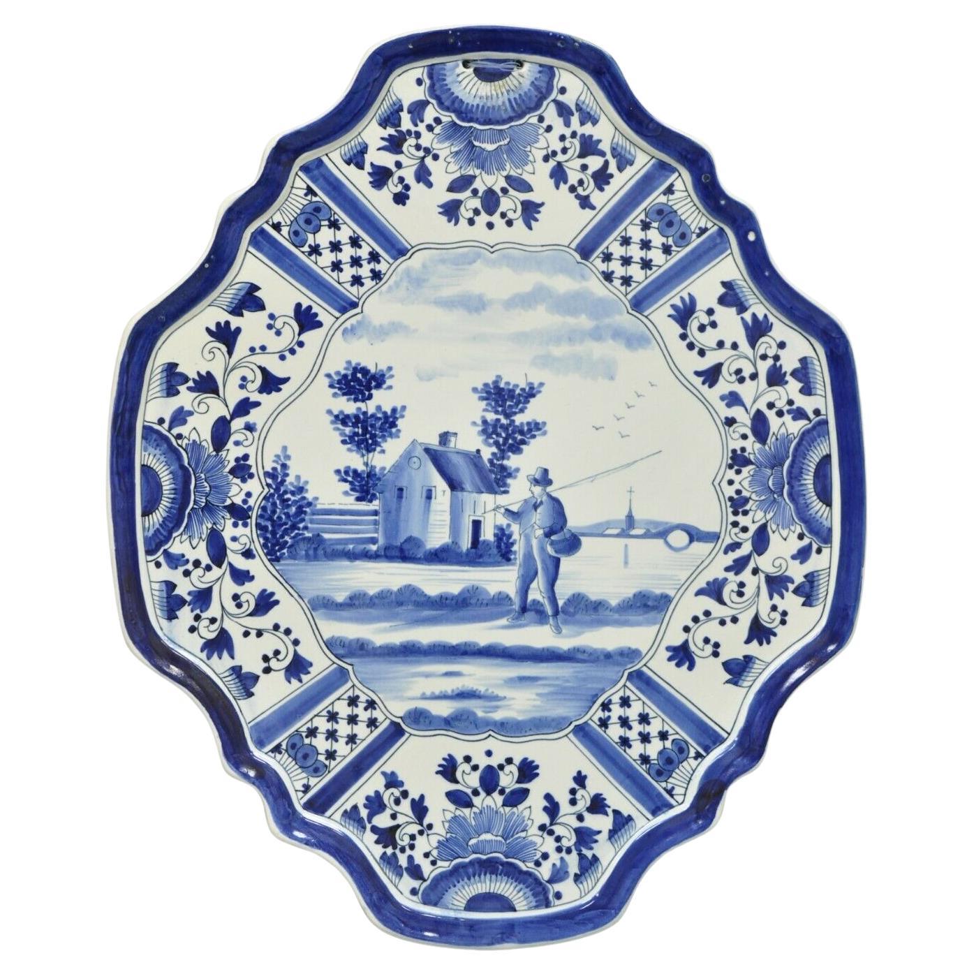 Vintage Blue White Porcelain Delf Style Italian Fisherman Wall Art Charger Plate For Sale