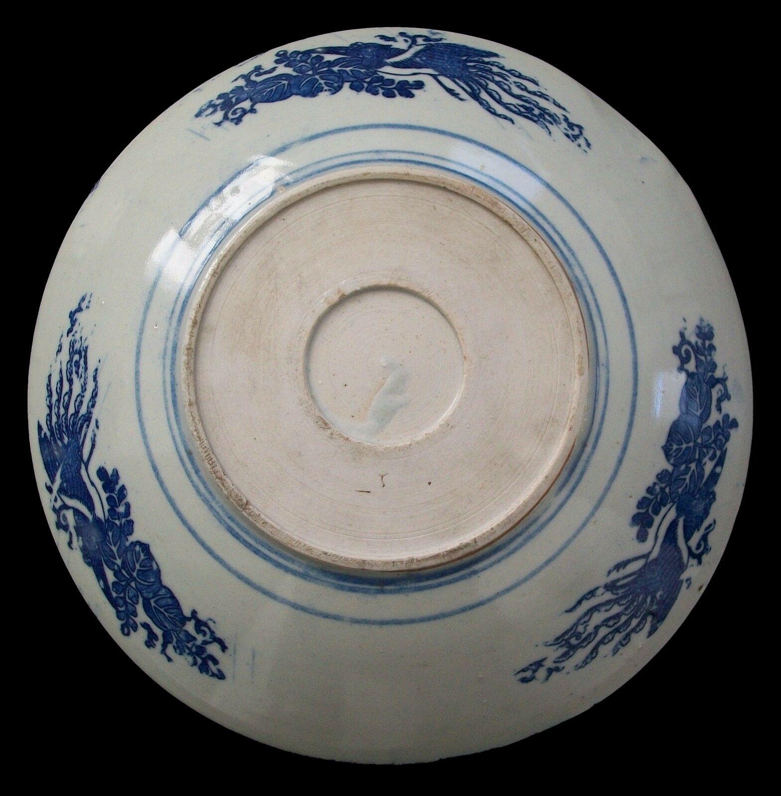 Japanese Vintage Blue & White Transfer Decorated Charger, Unsigned, Japan, Mid 20th C. For Sale
