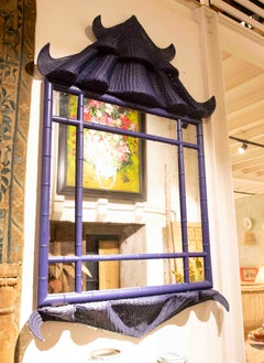 Specchio a forma di pagoda in vimini blu vintage