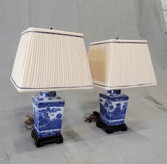 Vintage Blue Willow Lamps With Silk Lampshades - a Pair