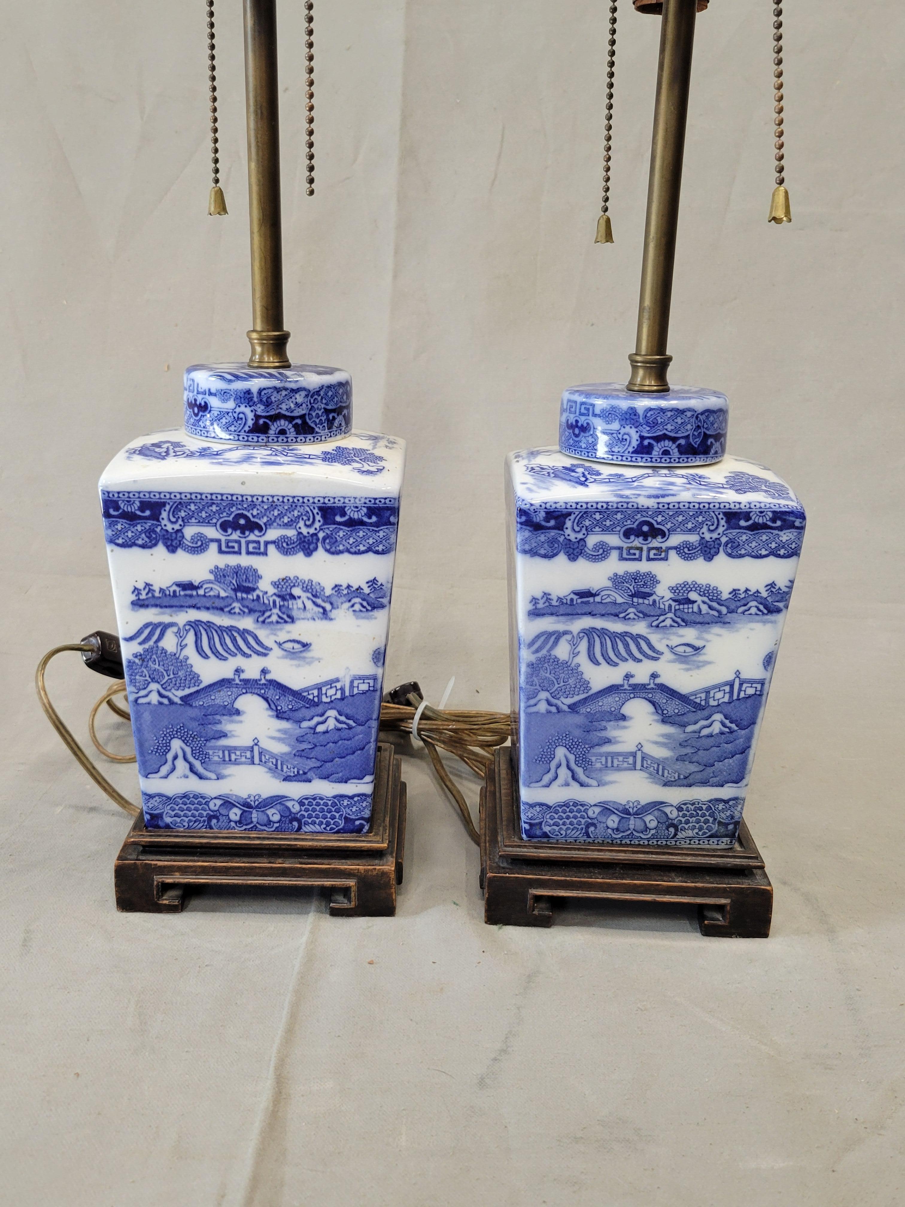 Hong Kong Vintage Blue Willow Lamps With Silk Lampshades - a Pair