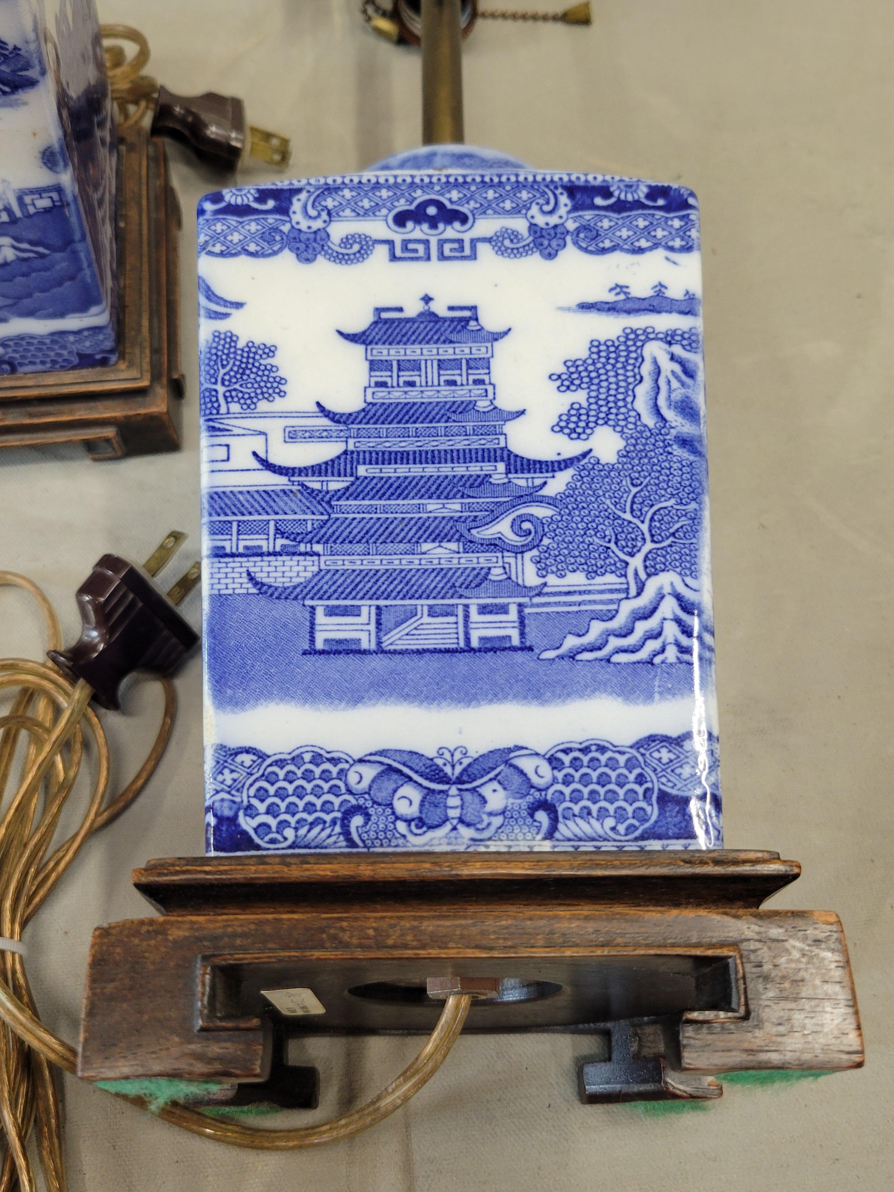 Vintage Blue Willow Lamps With Silk Lampshades - a Pair In Good Condition In Centennial, CO