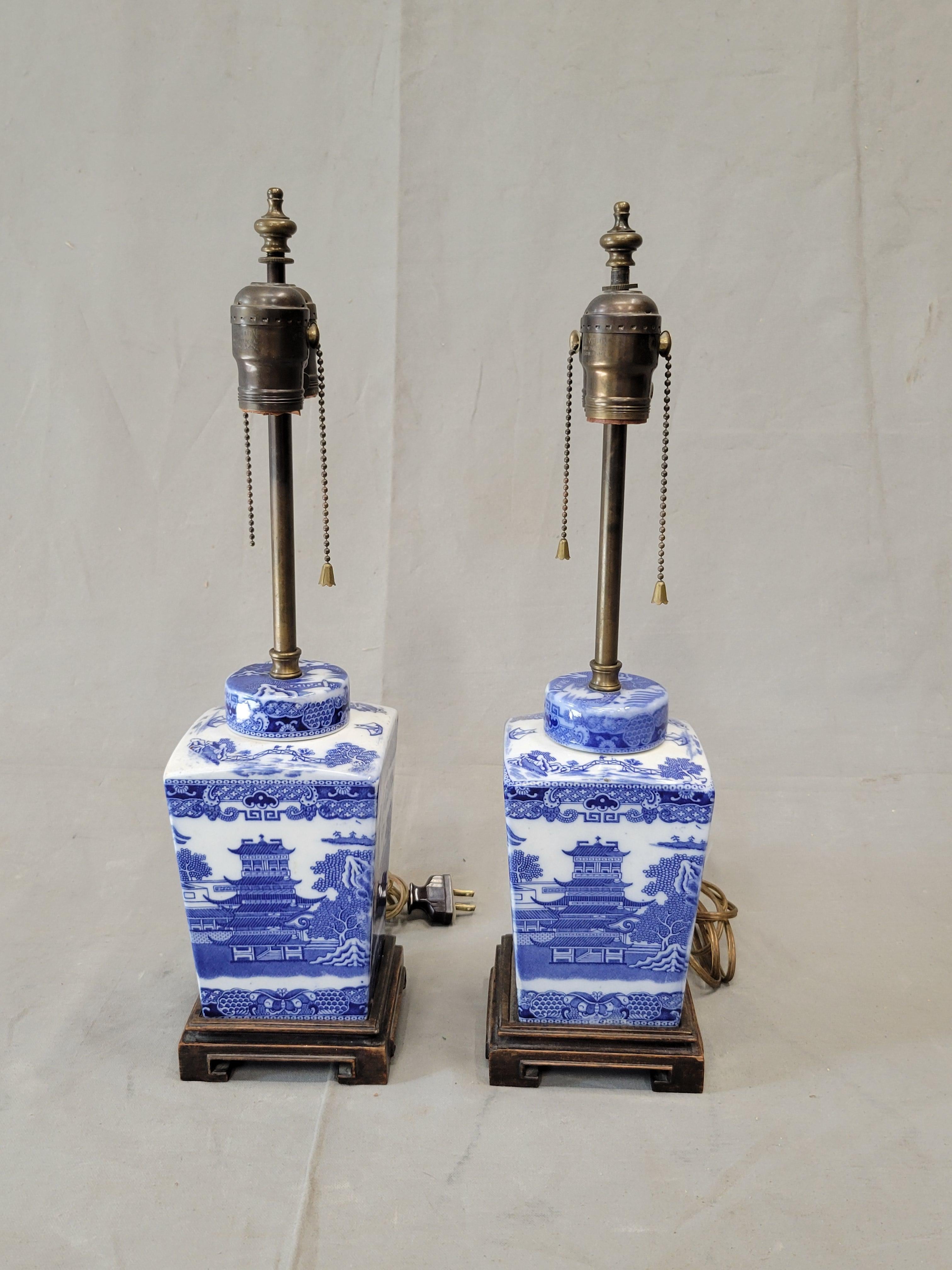 20th Century Vintage Blue Willow Lamps With Silk Lampshades - a Pair