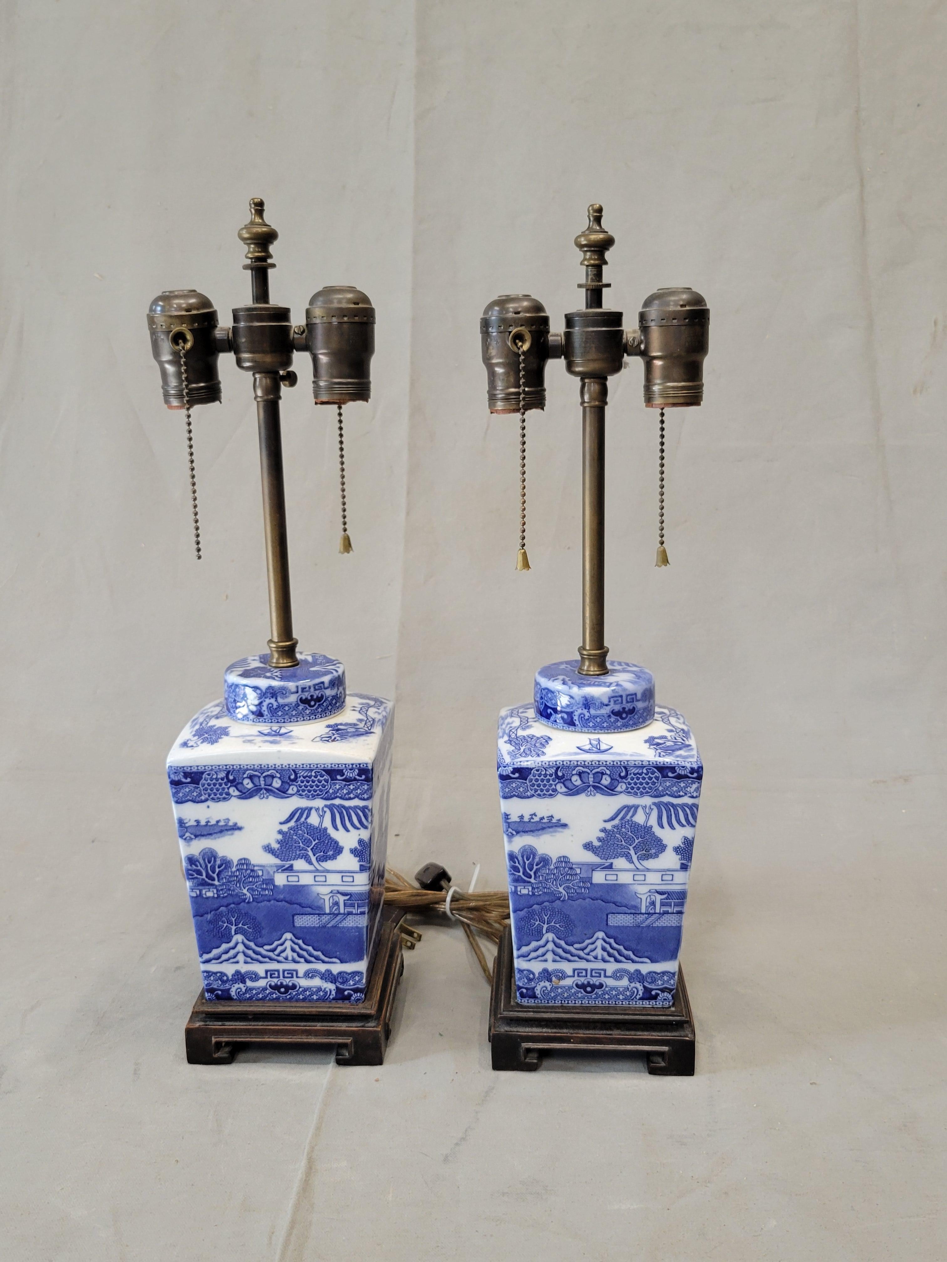 Brass Vintage Blue Willow Lamps With Silk Lampshades - a Pair