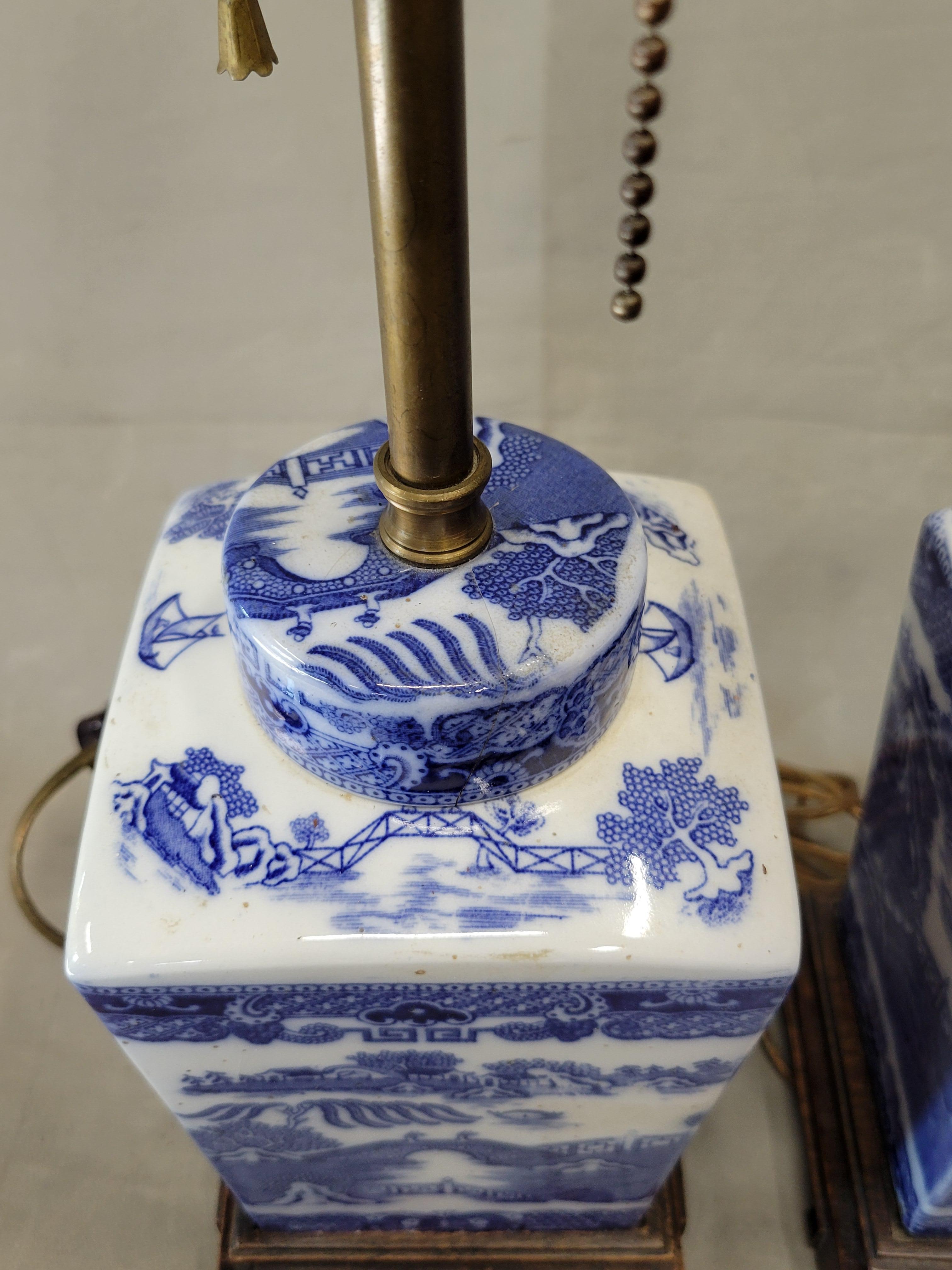 Vintage Blue Willow Lamps With Silk Lampshades - a Pair 1