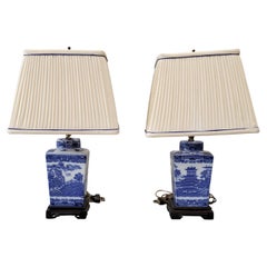 Vintage Blue Willow Lamps With Silk Lampshades - a Pair
