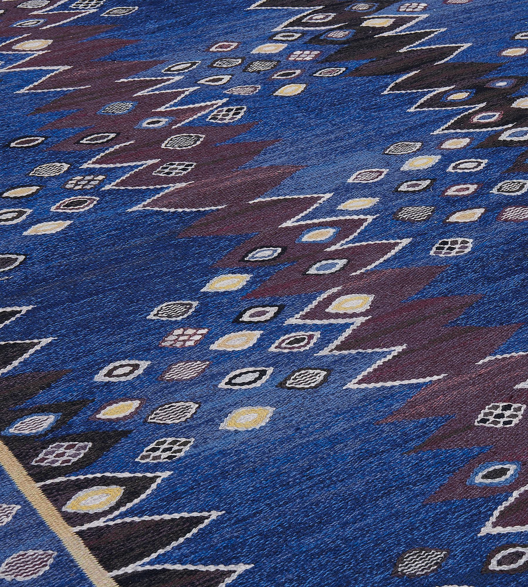 Hand-Knotted Vintage Blue Wool Signed Swedish Rug For Sale