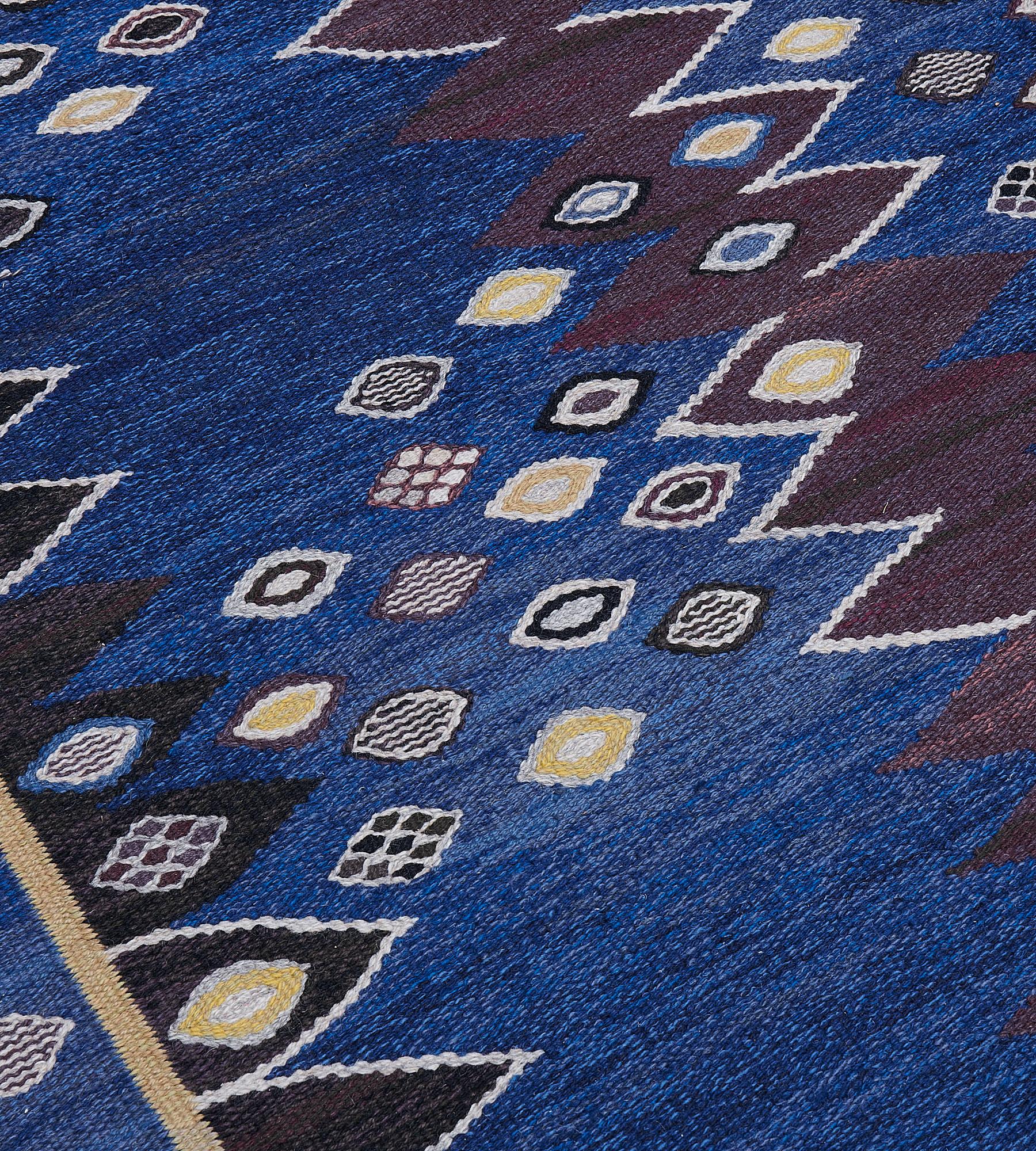 Vintage Blue Wool Signed Swedish Rug In Good Condition For Sale In West Hollywood, CA