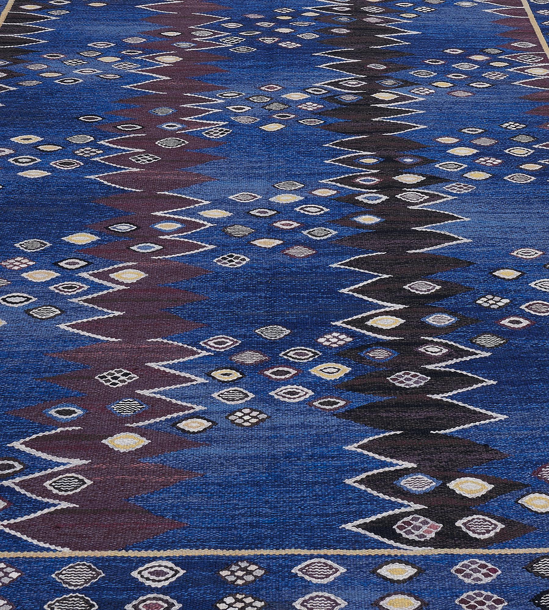20th Century Vintage Blue Wool Signed Swedish Rug For Sale