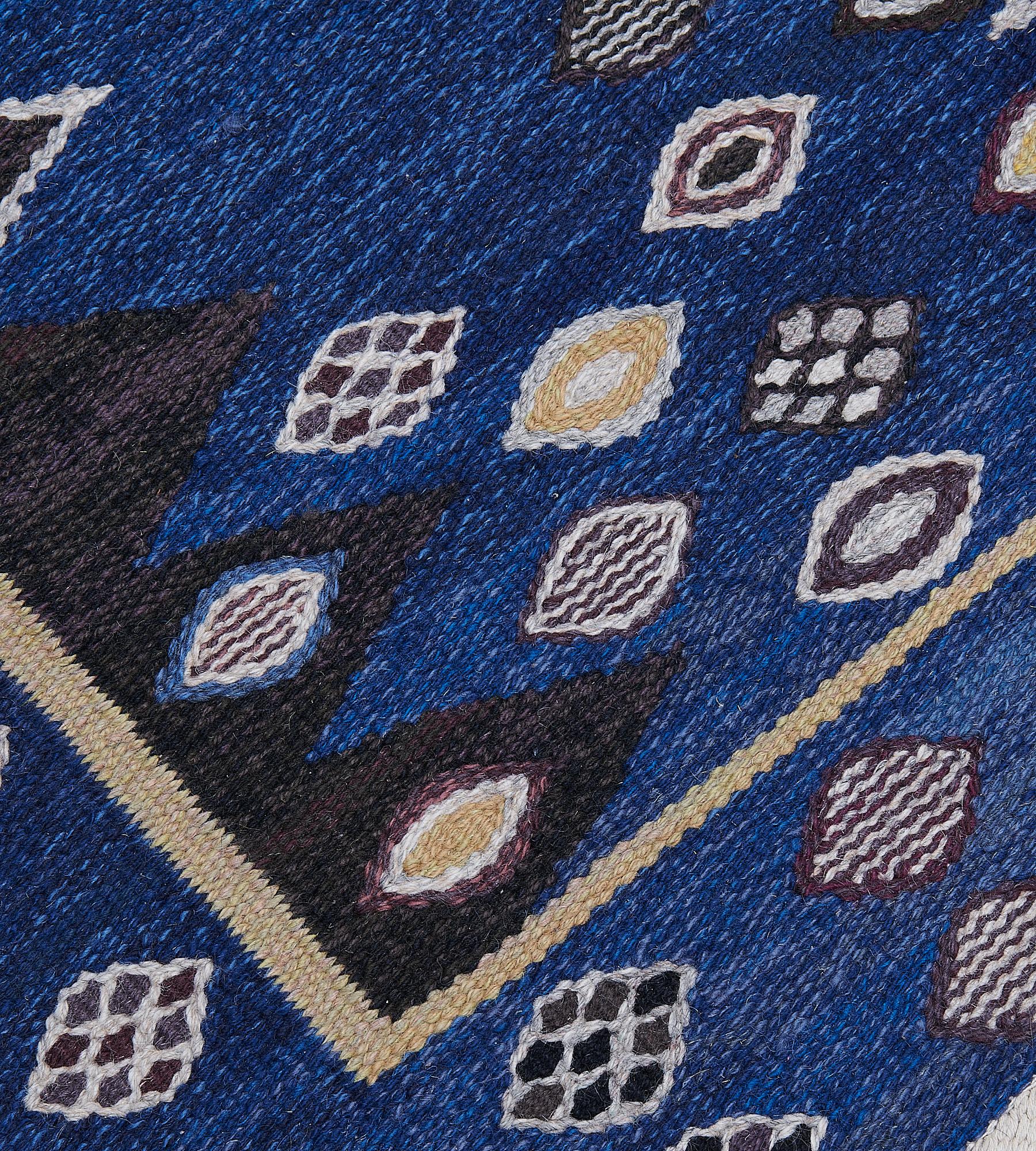 Vintage Blue Wool Signed Swedish Rug For Sale 1