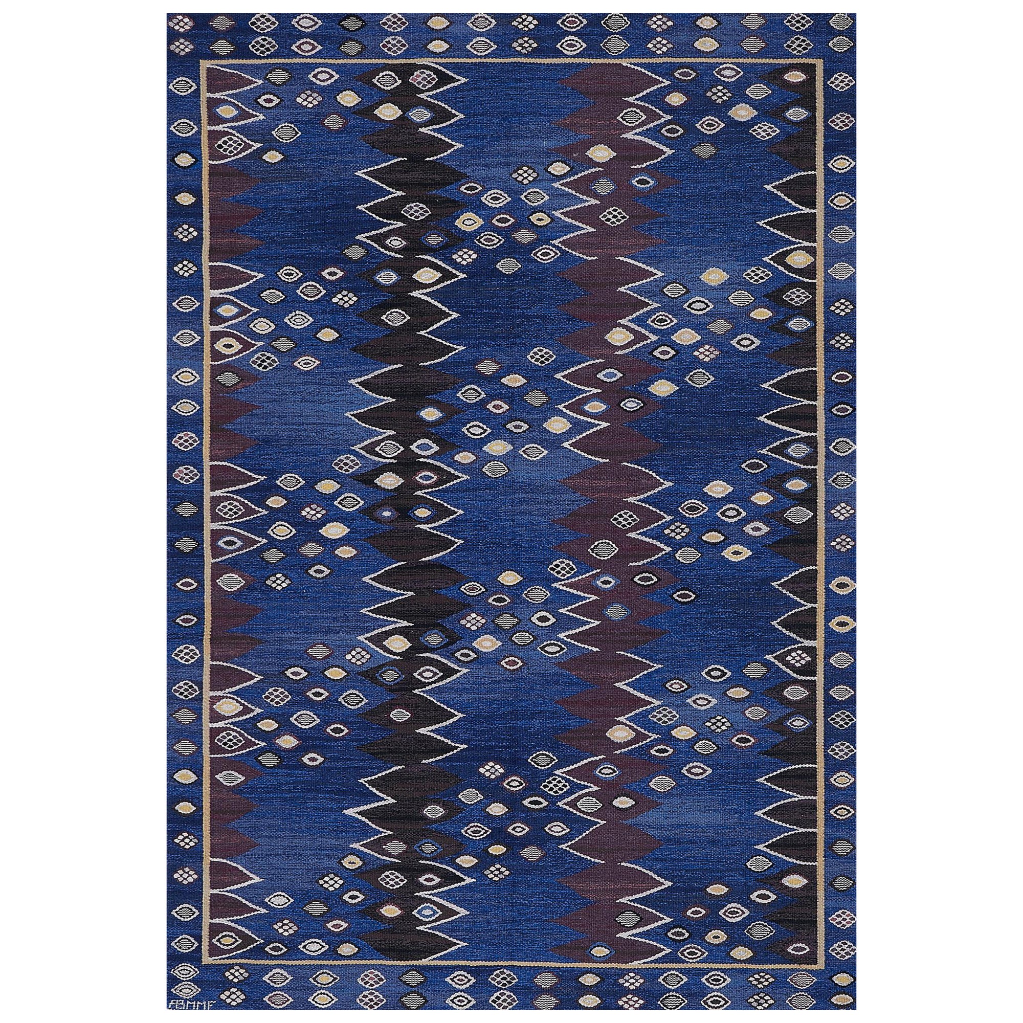 Vintage Blau Wolle Signiert Schwedischen Teppich