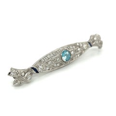 Vintage Blue Zircon Diamond and Sapphire Platinum Art Deco Bar Brooch Pin