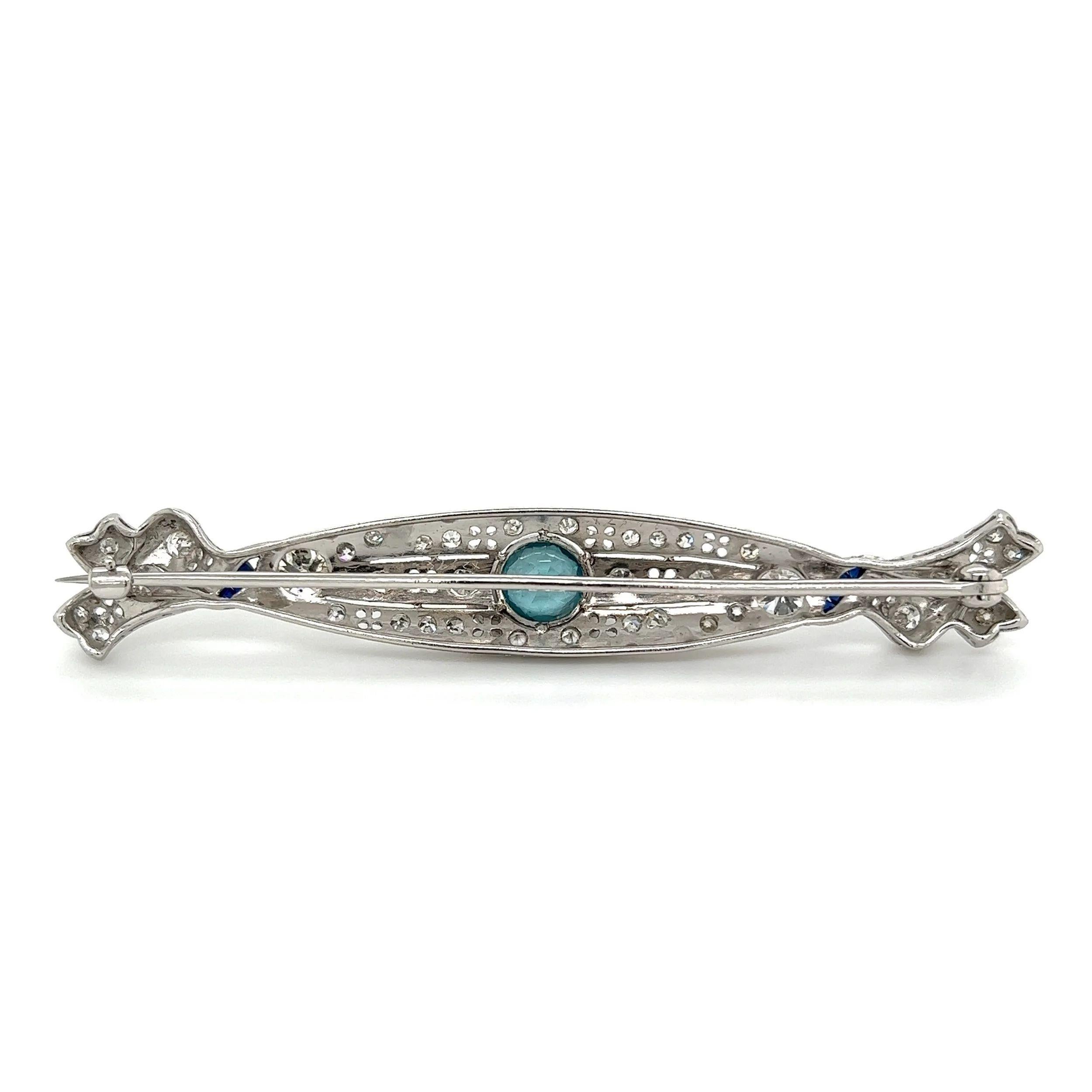 Women's Vintage Blue Zircon Diamond and Sapphire Platinum Art Deco Bar Brooch Pin For Sale