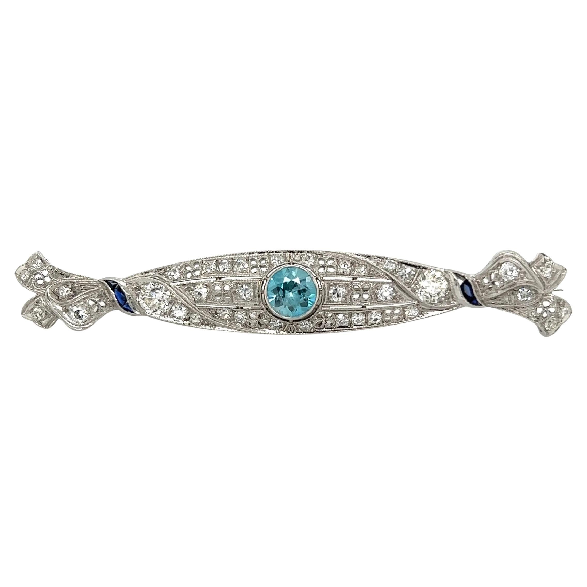 Vintage Blue Zircon Diamond and Sapphire Platinum Art Deco Bar Brooch Pin