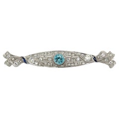 Retro Blue Zircon Diamond and Sapphire Platinum Art Deco Bar Brooch Pin