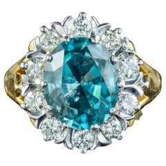 Bague vintage en grappe de diamants et zircon bleu de 3 carats