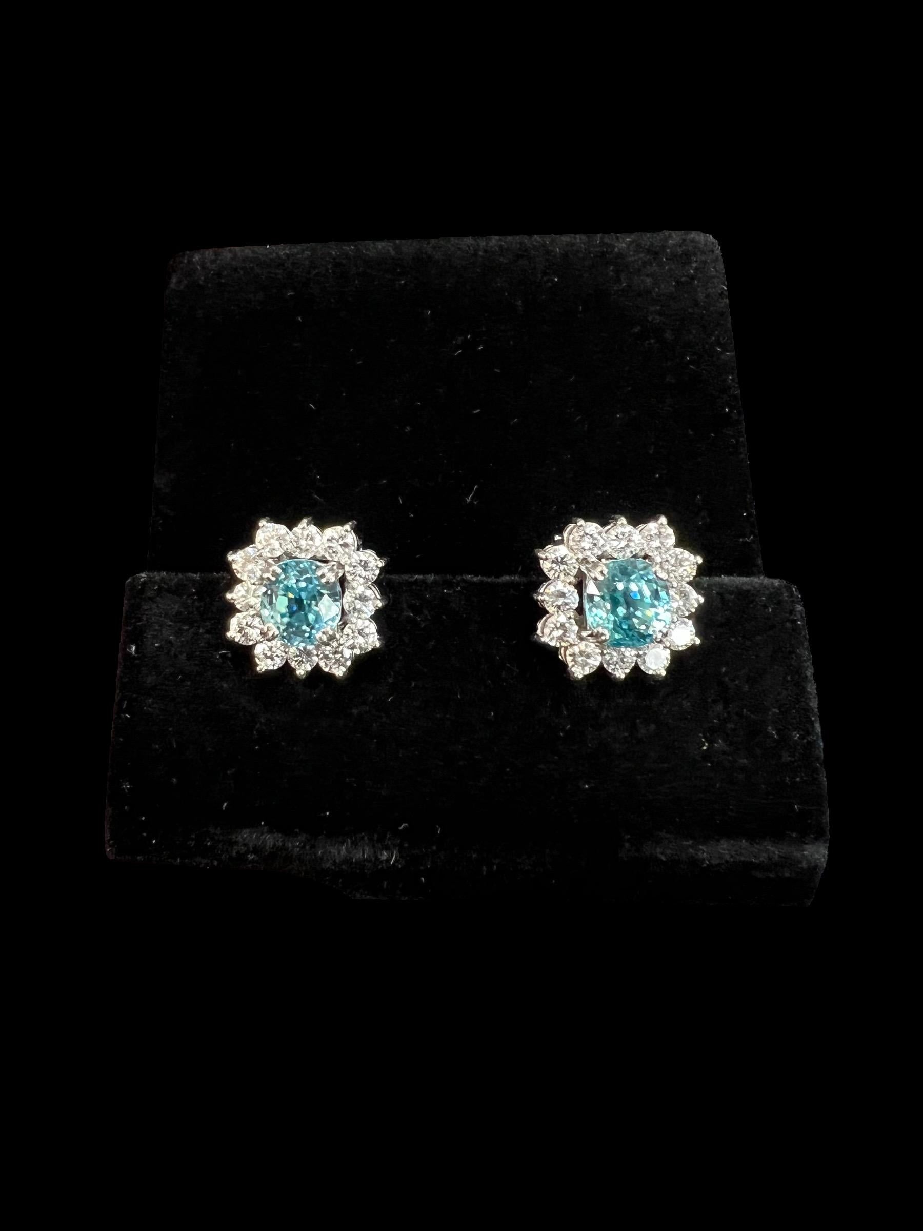 Vintage Blue Zircon Diamond White Gold Earrings Circa 1950s 7