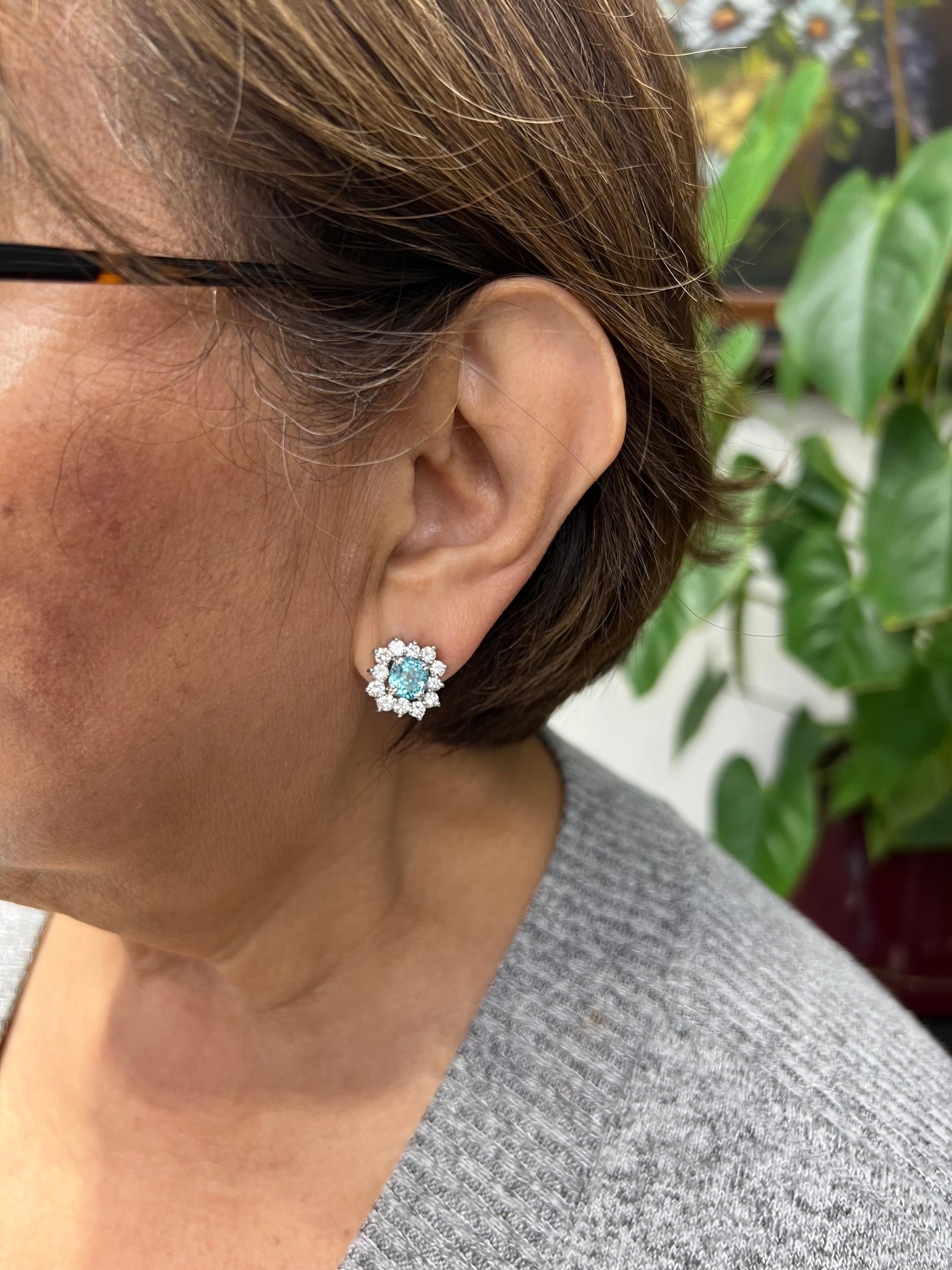 Vintage Blue Zircon Diamond White Gold Earrings Circa 1950s 8