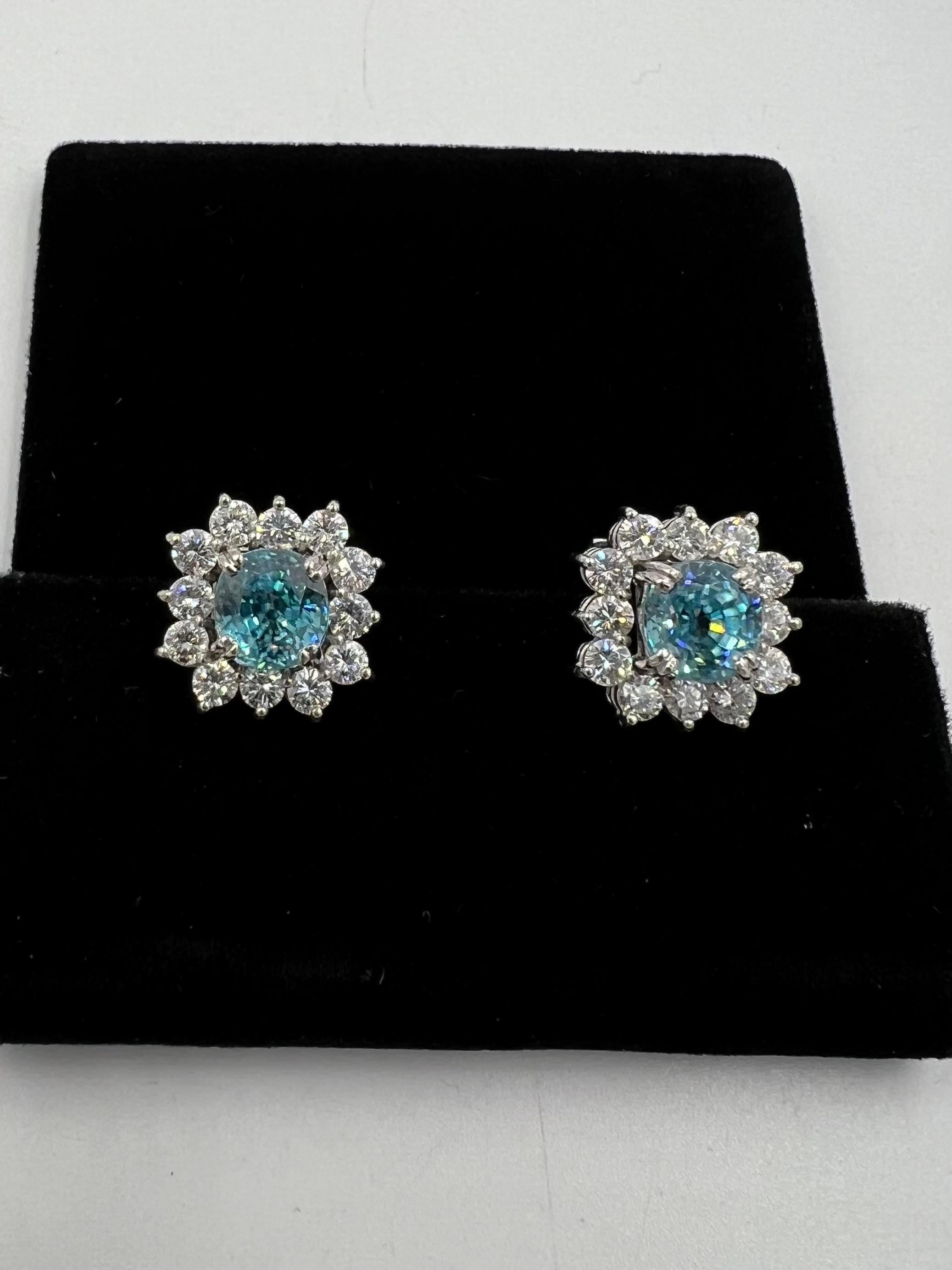 Modern Vintage Blue Zircon Diamond White Gold Earrings Circa 1950s