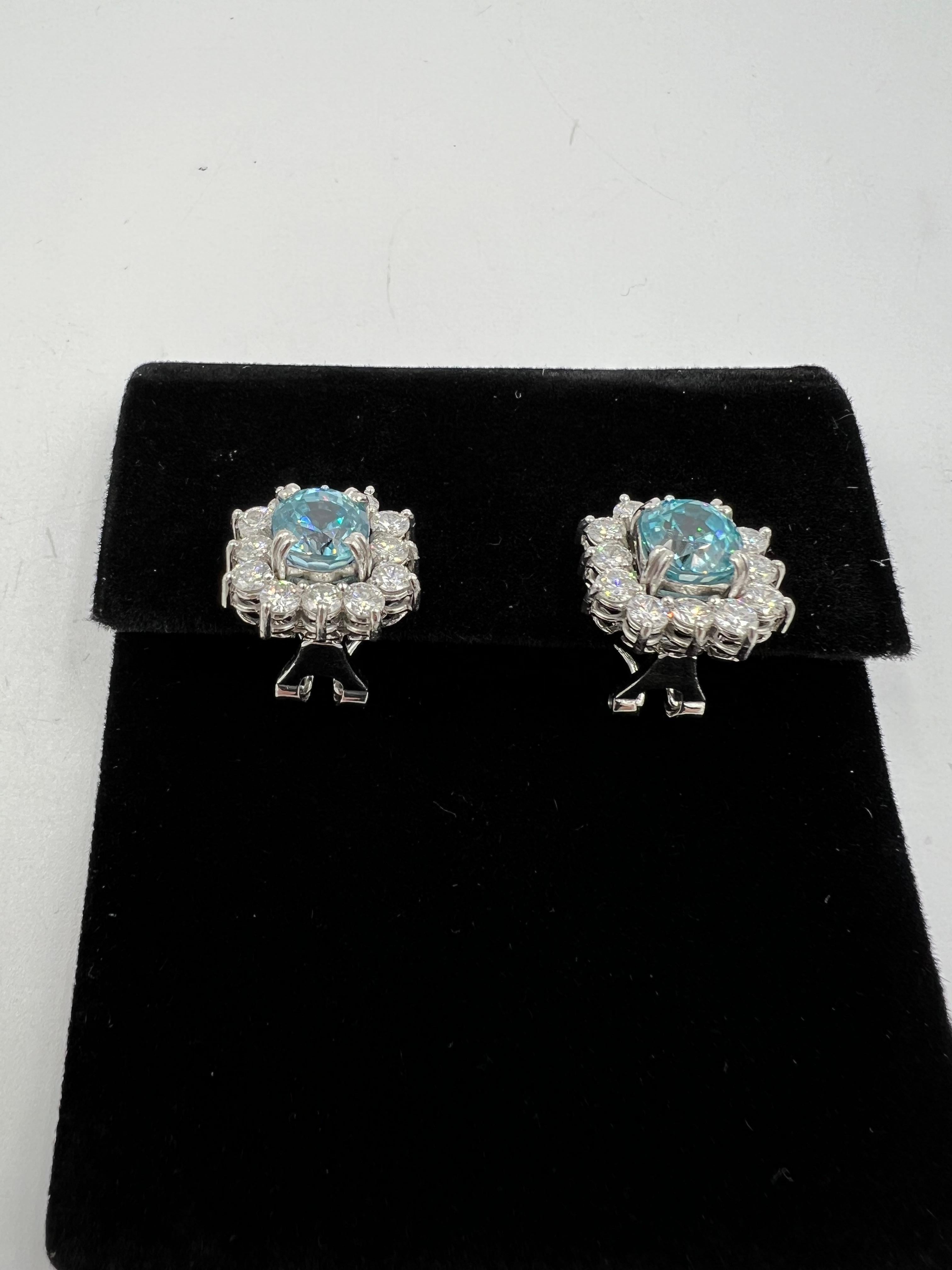 Mixed Cut Vintage Blue Zircon Diamond White Gold Earrings Circa 1950s