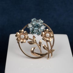 Vintage Blue Zircon Pearl Circular Flower Brooch Gold Hallmarks Birmingham 1964