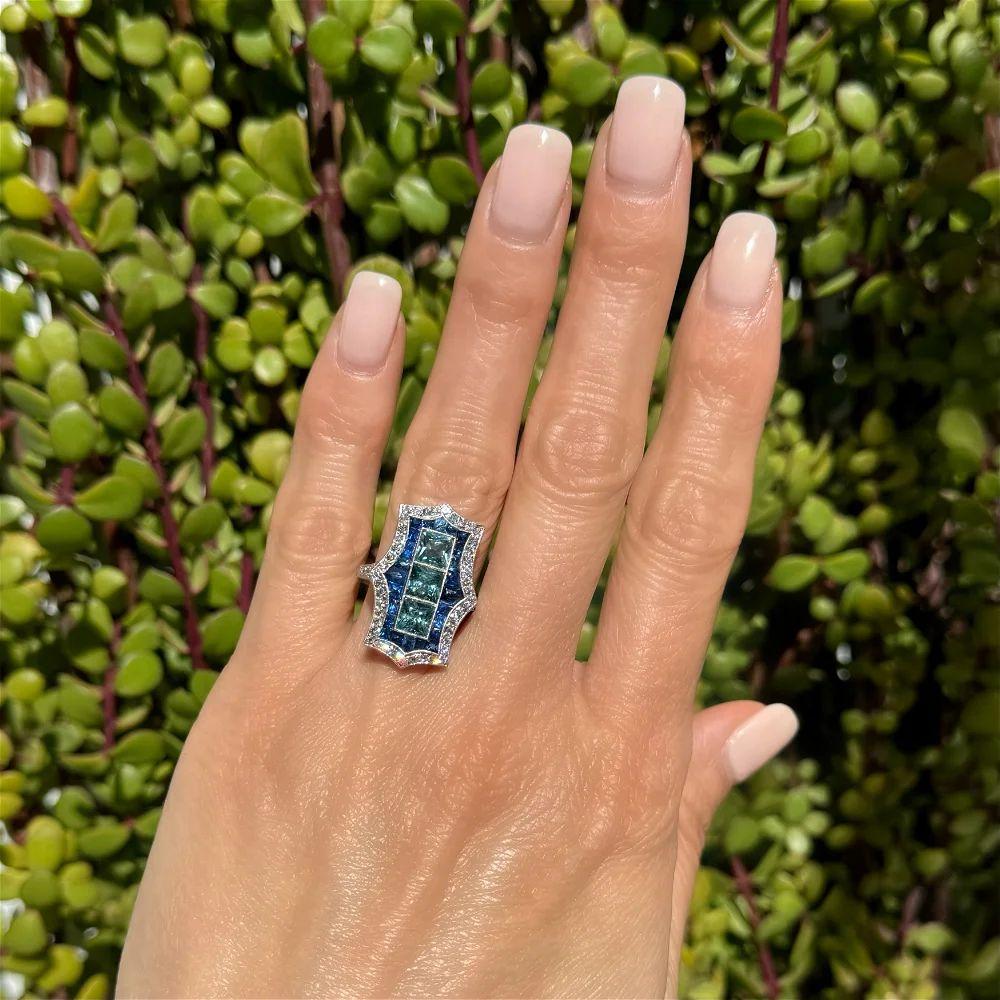 Modern Vintage Blue Zircon Sapphire and OEC Diamond Statement Platinum Ring For Sale