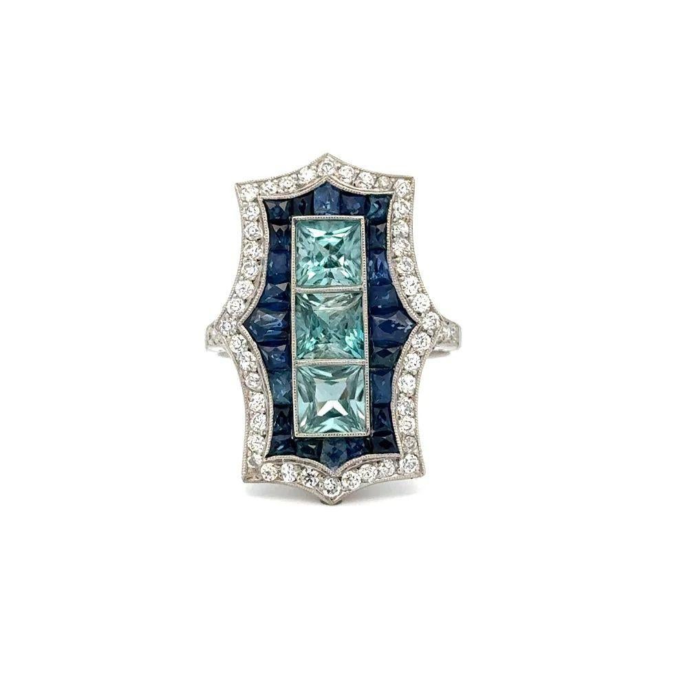 Mixed Cut Vintage Blue Zircon Sapphire and OEC Diamond Statement Platinum Ring For Sale