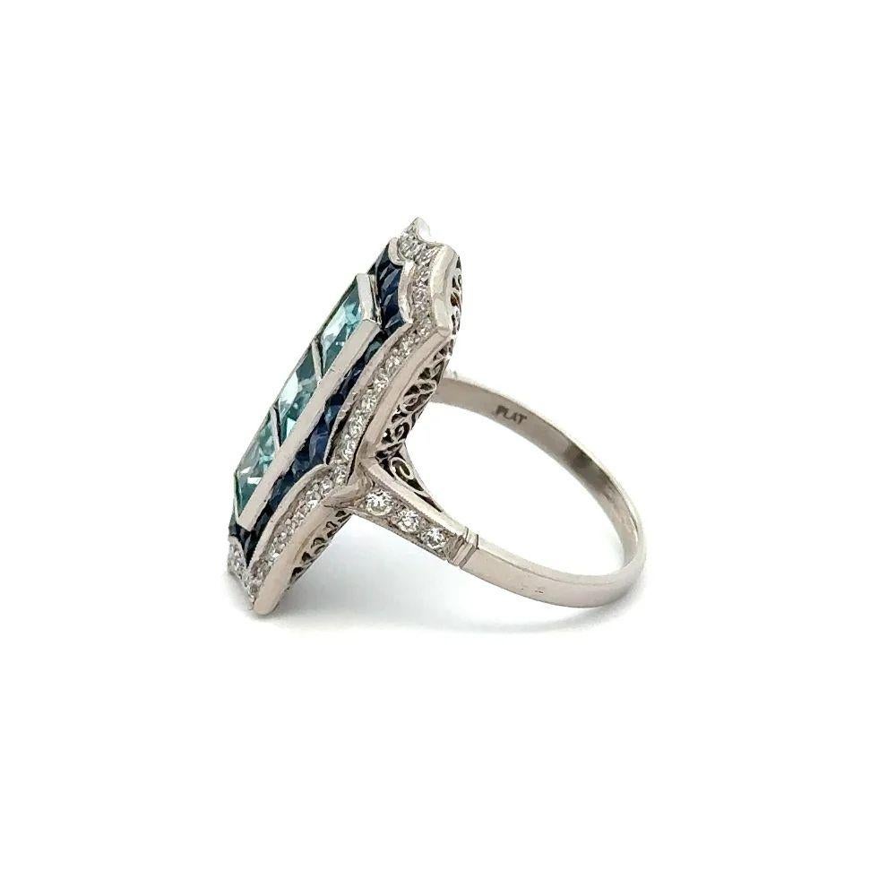 Women's or Men's Vintage Blue Zircon Sapphire and OEC Diamond Statement Platinum Ring For Sale
