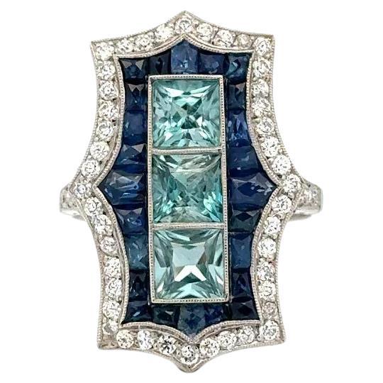 Bague fantaisie vintage en platine, saphir zircon bleu et diamant OEC