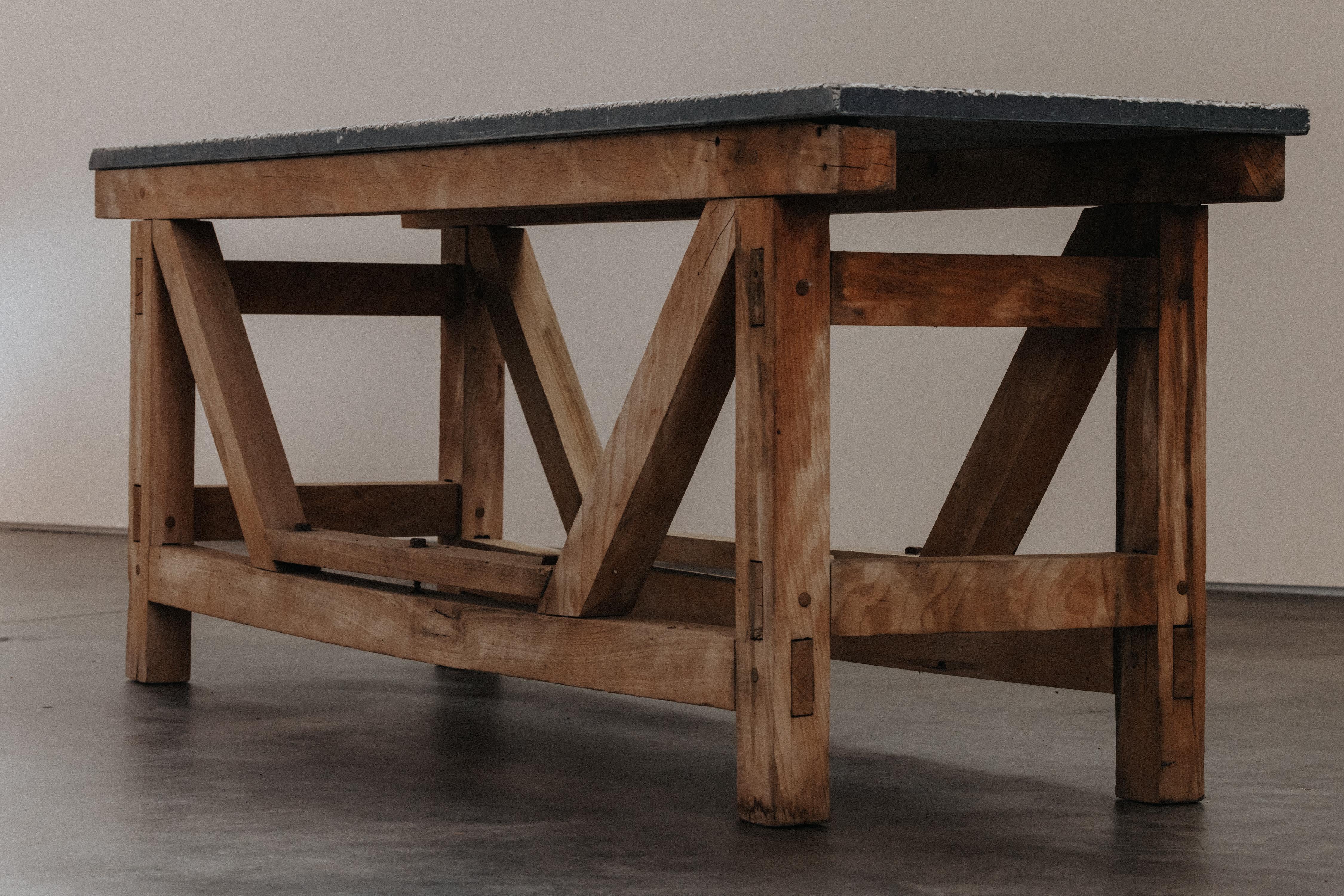 European Vintage Bluestone and Oak Console Table From France, Circa 1950 For Sale